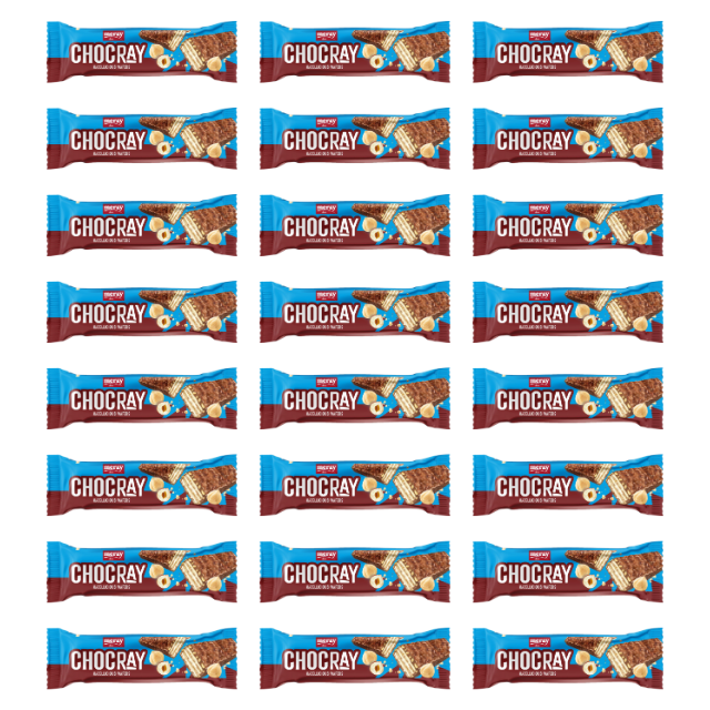 meray® Chocray Waffel Riegel mit echten Haselnussstücken und Schokolade. Im 24er Pack