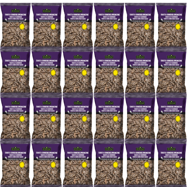 24 Packungen Kerem Sonnenblumenkerne geröstet und extra gesalzen. Dieses Produkt hat ein Preisschild (1,29€)