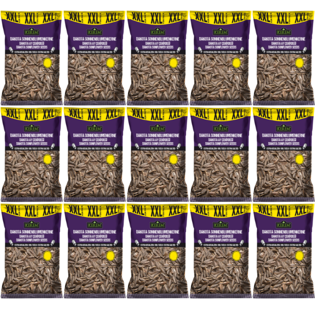 15 Packungen KEREM Sonnenblumenkerne geröstet und extra gesalzen. Dieses Produkt hat ein Preisschild (2,99€)