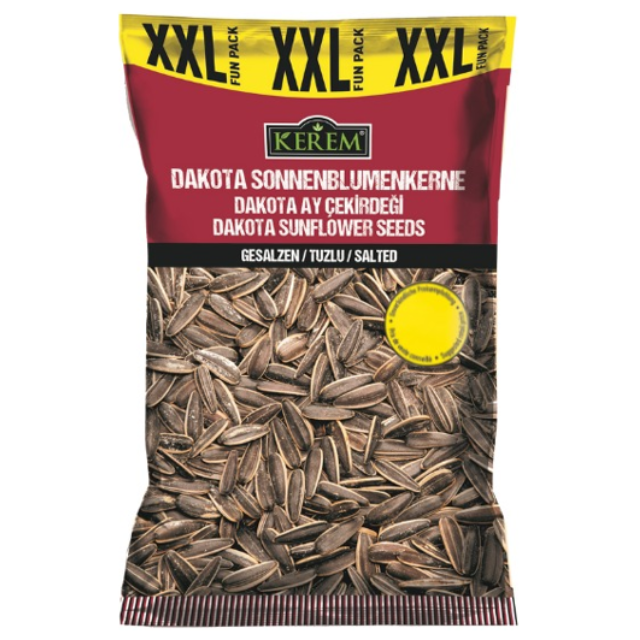 Eine 350g Packung KEREM Sonnenblumenkerne geröstet und gesalzen. Dieses Produkt hat ein Preisschild (2,99€)