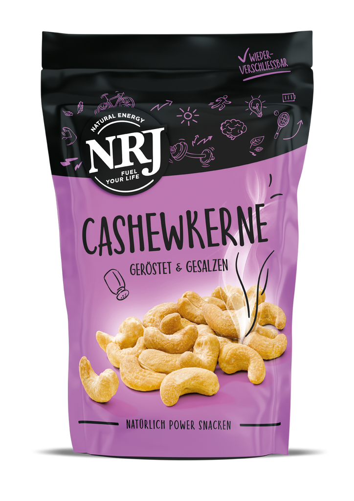 Eine wiederverschließbare lila Packung Cashewkerne von NRJ