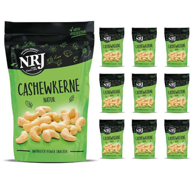 Naturbelassene Cashekwerne von NRJ, cremig weich und leichzeitig knackig bei jedem Biss. Im wiederverschliebaren Beutel (10er Pack)