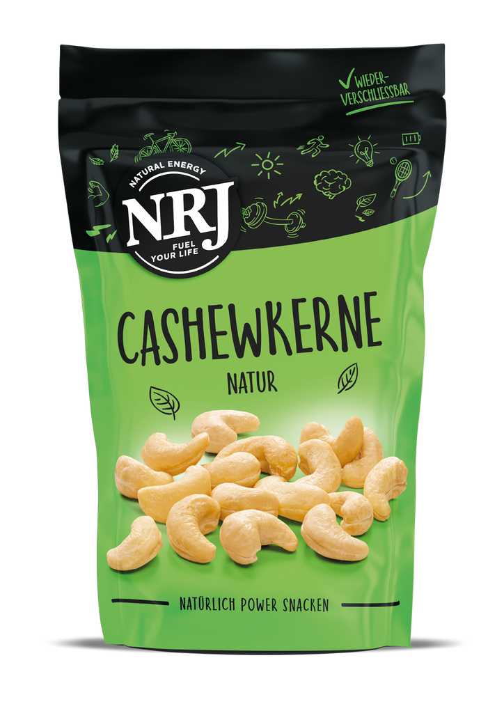Naturbelassene Cashekwerne von NRJ, cremig weich und leichzeitig knackig bei jedem Biss. Im wiederverschliebaren Beutel