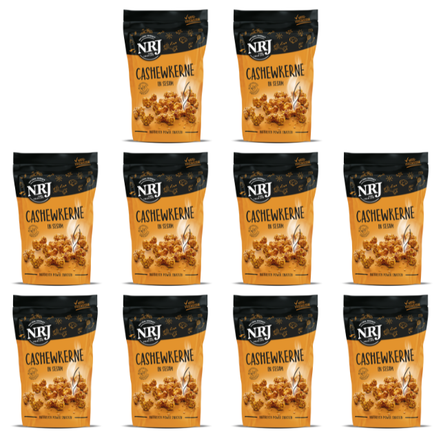 Cashekerne mit Sesam umhüllt von NRJ. In einem orangenen wiederverschließbaren Beutel