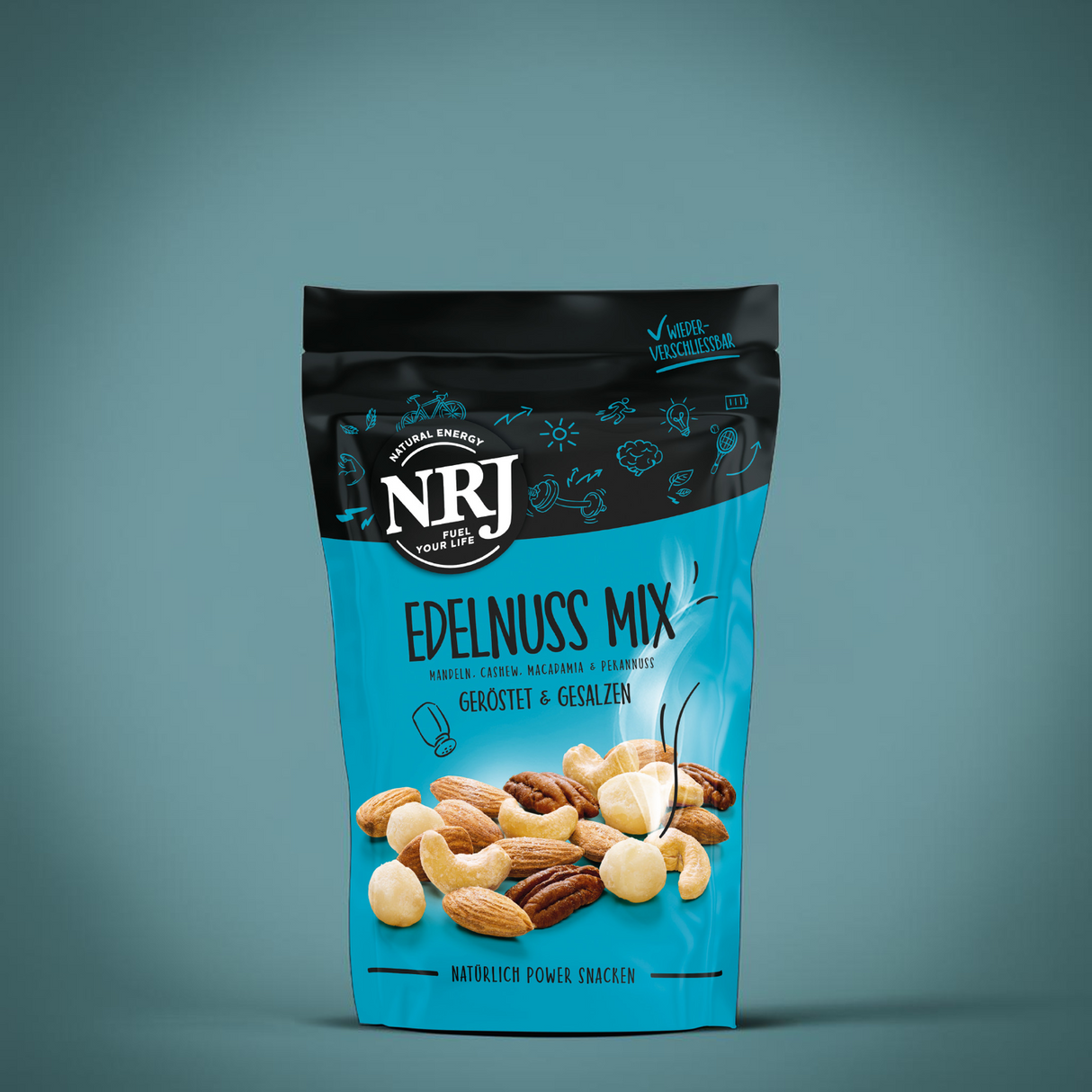 NRJ gerösteter und gesalzener Edelnussmix bestehend aus Mandeln, Cashews, Macadamia und Pekannüssen. 