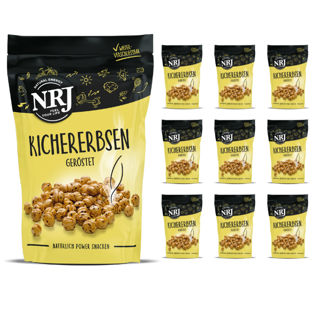 Kichererbsen von NRJ, geröstet getrocknet und geröstet in einer wiederverschließbaren Packung. 10er Pack