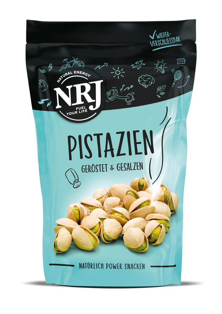 NRJ Pistazien mit Schale, geröstet und gesalzen in einer wiederverschließbaren Verpackung. 