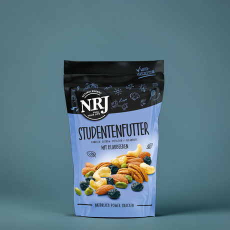 Premium Studentenfutter Nussmix mit Mandeln, Cashews, Pistazien, Pekannuss und Blaubeeren. In einer Wiederverschließbaren Packung.
