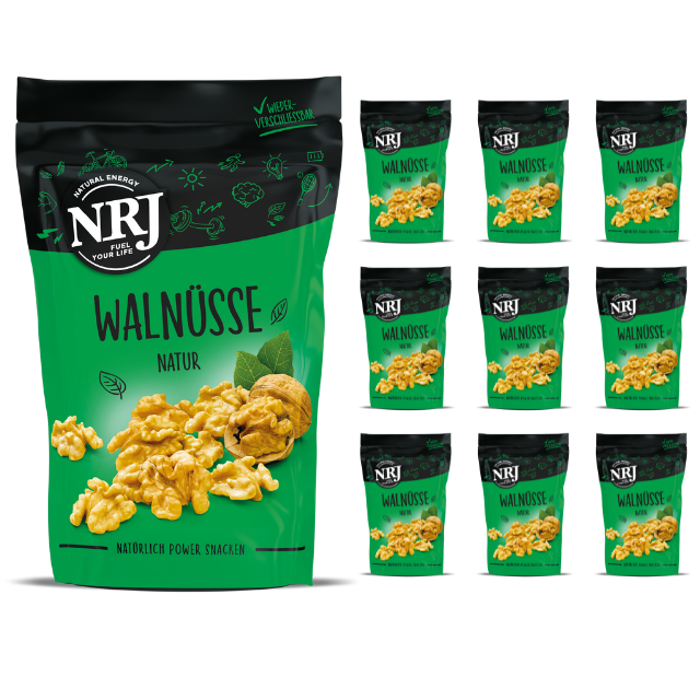 Per hand geknackte Walnusshälften von NRJ, reich an Vitamin E und Omega 3! Im Wiederverschließbaren Beutel im 10er Pack