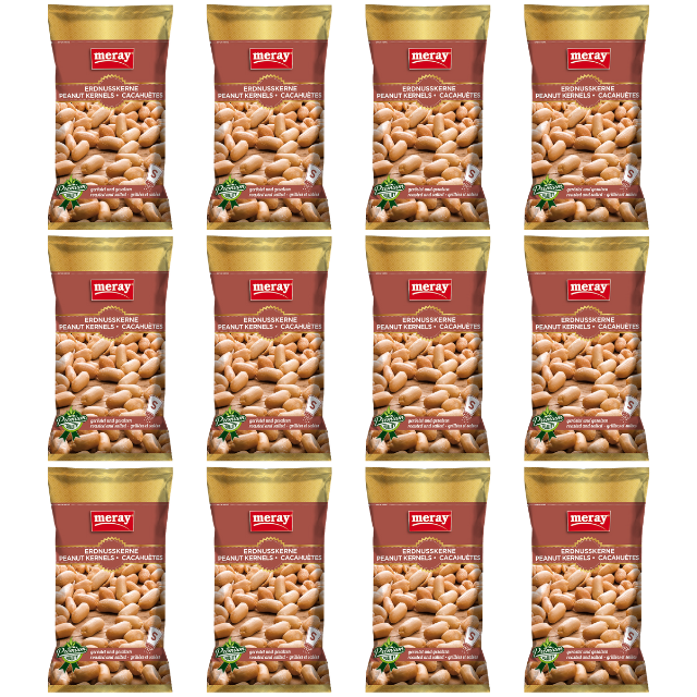 Zwölf 85 Gramm Packungen Erdnusskerne von meray. Geröstet und gesalzen im schicken Bronze Tütchen für den Eiweißreichen Snack unterwegs