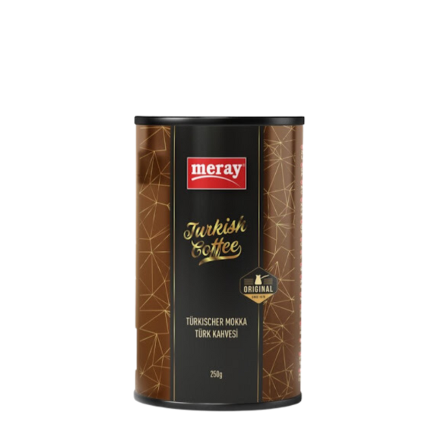 Zylindrische braune Verpackung mit Plastik Deckel. Beinhaltet 250g gemahlenen türkischen Mokka Kaffee von meray