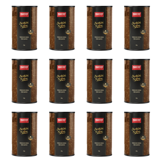 12 Zylindrische braune Verpackungen mit Plastik Deckeln. Beinhalten jeweils 250g gemahlenen türkischen Mokka Kaffee von meray