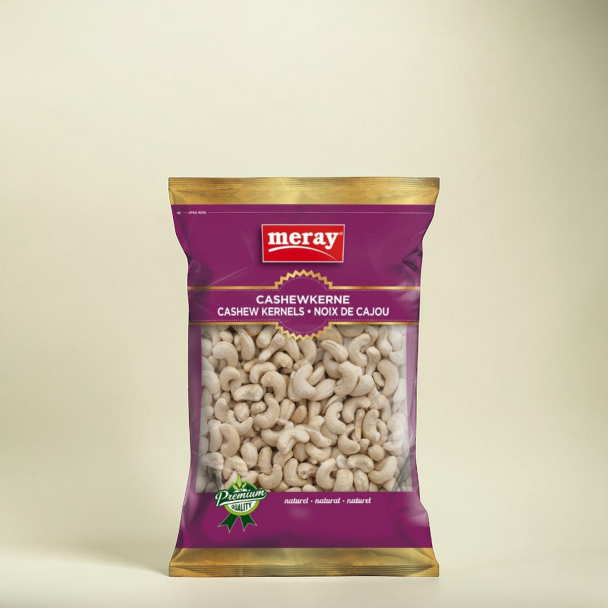 Meray Cashewkerne cremig & naturbelassen – 225 g Premium-Nüsse, hoher Eiweißgehalt, violette Verpackung mit Schaufenster