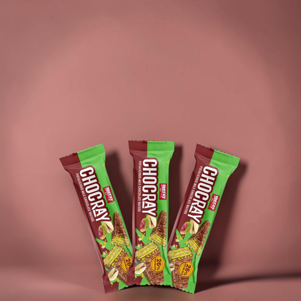 (1 Karton / 24 Stück) meray® CHOCRAY SCHOKORIEGEL Pistalicious Wafer 35g