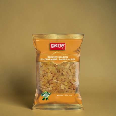 Orange-goldene Verpackung mit Schaufenster. Getrocknete Rosinen die zuckersüß sind, ohne jegliche Zusatzstoffe.