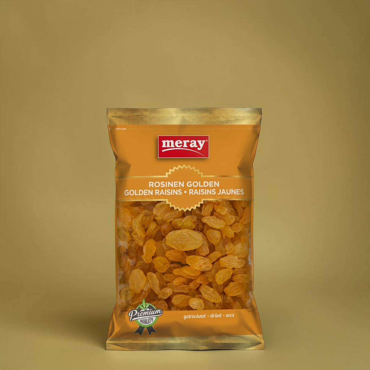 Orange-goldene Verpackung mit Schaufenster. Getrocknete extra große Rosinen die zuckersüß sind, ohne jegliche Zusatzstoffe.