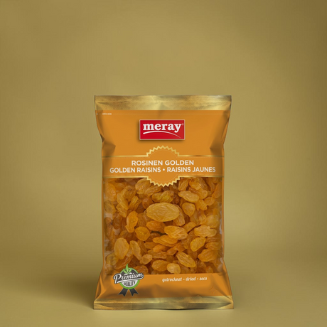 Orange-goldene Verpackung mit Schaufenster. Getrocknete extra große Rosinen die zuckersüß sind, ohne jegliche Zusatzstoffe.