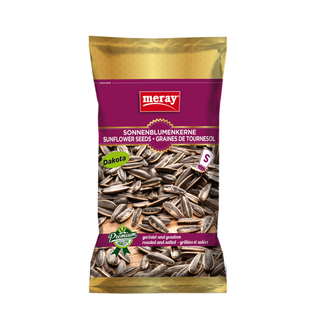 Geröstete und gesalzene Sonnenblumenkerne, Sorte Dakota, in lila-goldener Meray-Verpackung (70 g)
