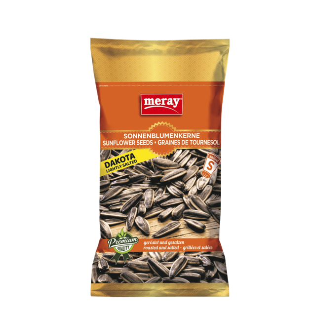 Leicht gesalzene Sonnenblumenkerne der Sorte Dakota in orange-goldener Meray-Verpackung (70 g)